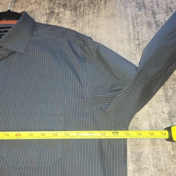 Paul Fredrick Dress Shirt Men 17 35 Blue Tan Stripe Tailored Fit Non Iron Cotton - Picture 6 of 12